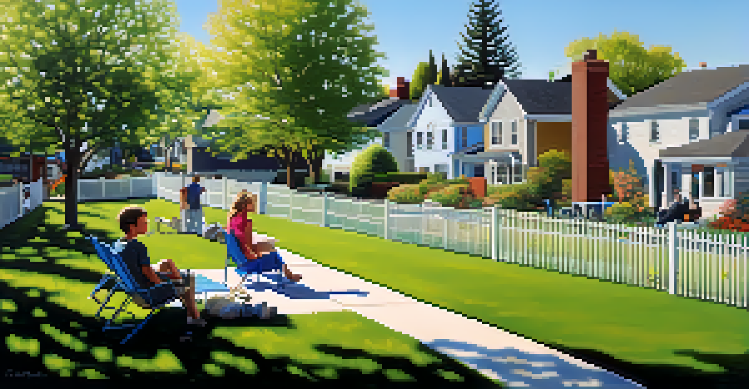 A suburban backyard with a newly installed metal fence and a family enjoying a spring picnic.