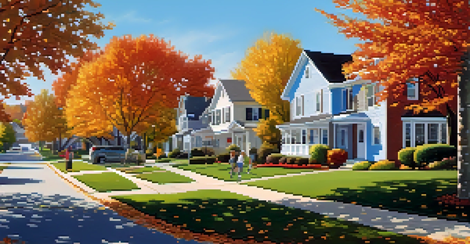 A peaceful suburban neighborhood with families enjoying outdoor activities, surrounded by colorful autumn trees and blue skies.