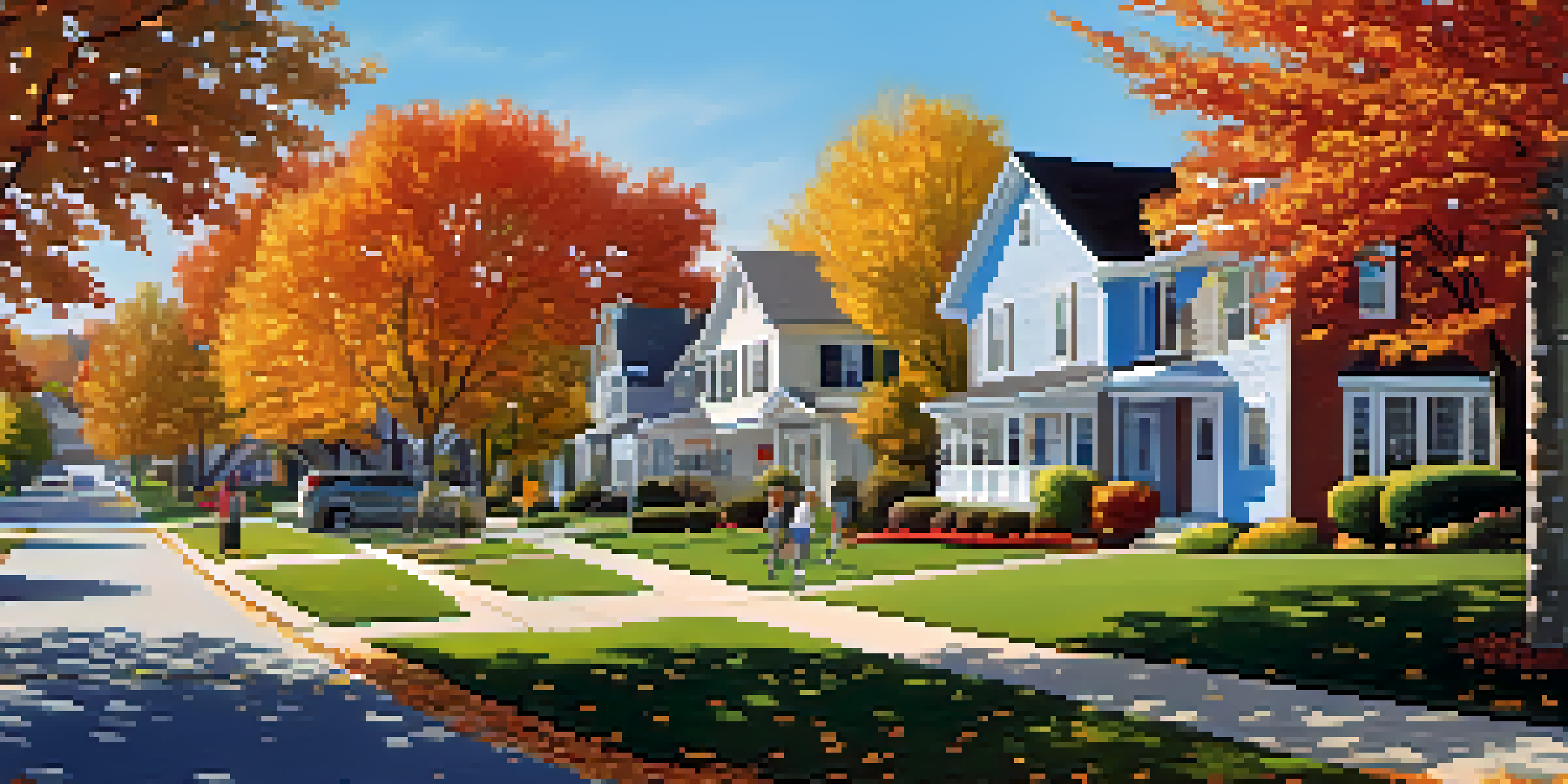 A peaceful suburban neighborhood with families enjoying outdoor activities, surrounded by colorful autumn trees and blue skies.