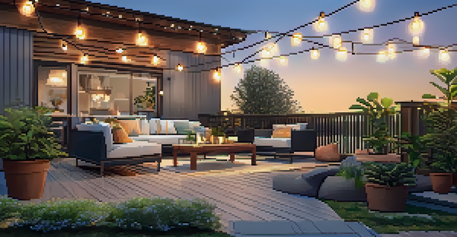 An outdoor patio with a wooden deck, lounge furniture, and string lights, creating a perfect setting for evening gatherings.