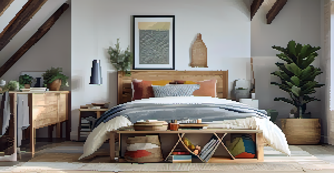 A cozy bedroom featuring colorful DIY under-bed storage bins tucked under a bed, illuminated by soft natural light.