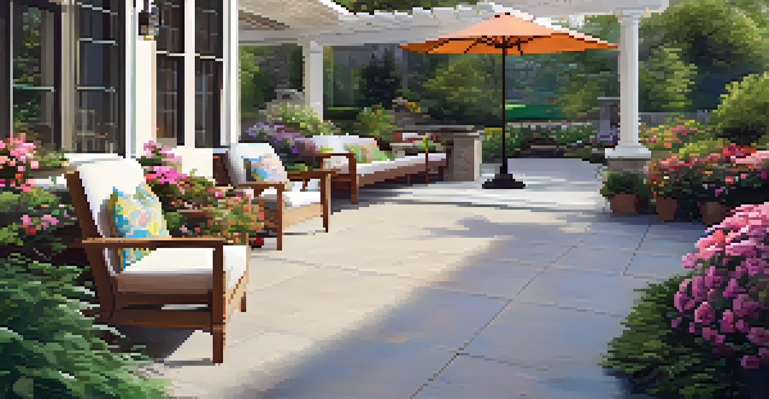 A beautiful outdoor patio with wide pathways and accessible seating, surrounded by vibrant flowers and plants, creating a peaceful environment.
