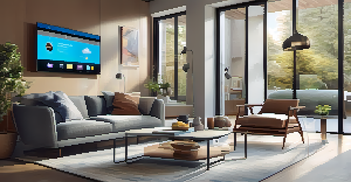 A bright and modern living room featuring a smart home hub, a cozy sofa, and smart lighting fixtures, with natural light coming through the windows.
