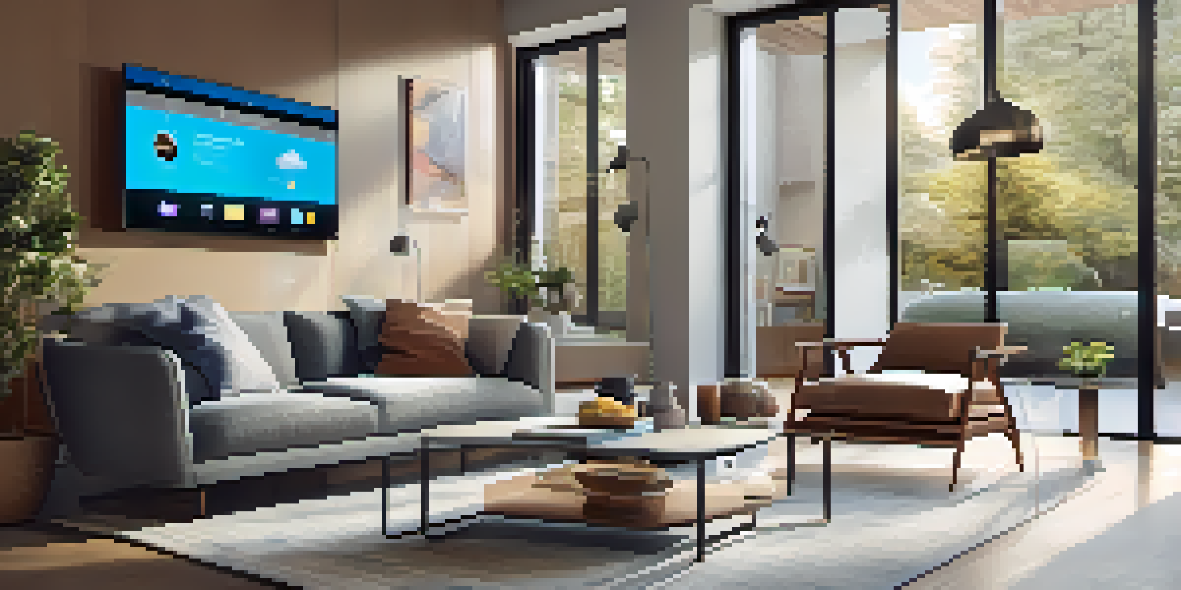 A bright and modern living room featuring a smart home hub, a cozy sofa, and smart lighting fixtures, with natural light coming through the windows.