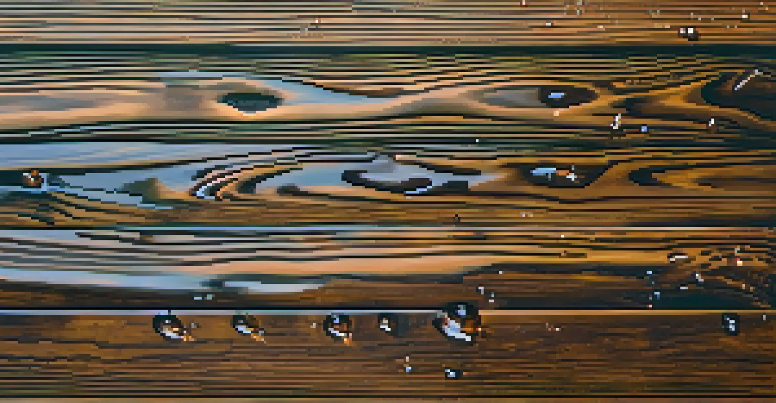 Close-up of a dark stained deck showcasing wood grain and a shiny finish, with water droplets on the surface.