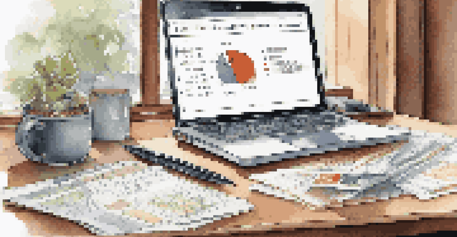 A financial planner's desk with a laptop, charts, documents, and a cup of coffee in a well-lit workspace.