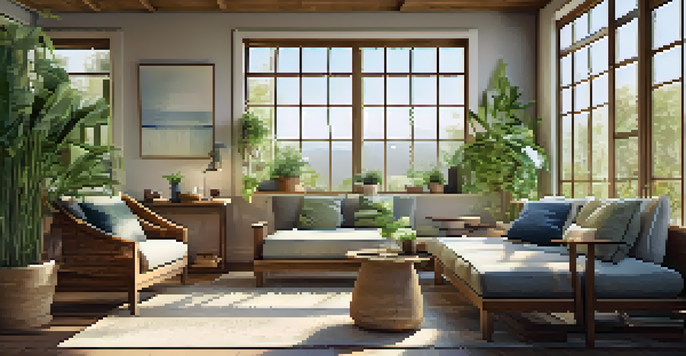 A cozy living room with reclaimed wood furniture, bamboo flooring, and natural light, showcasing sustainable materials.