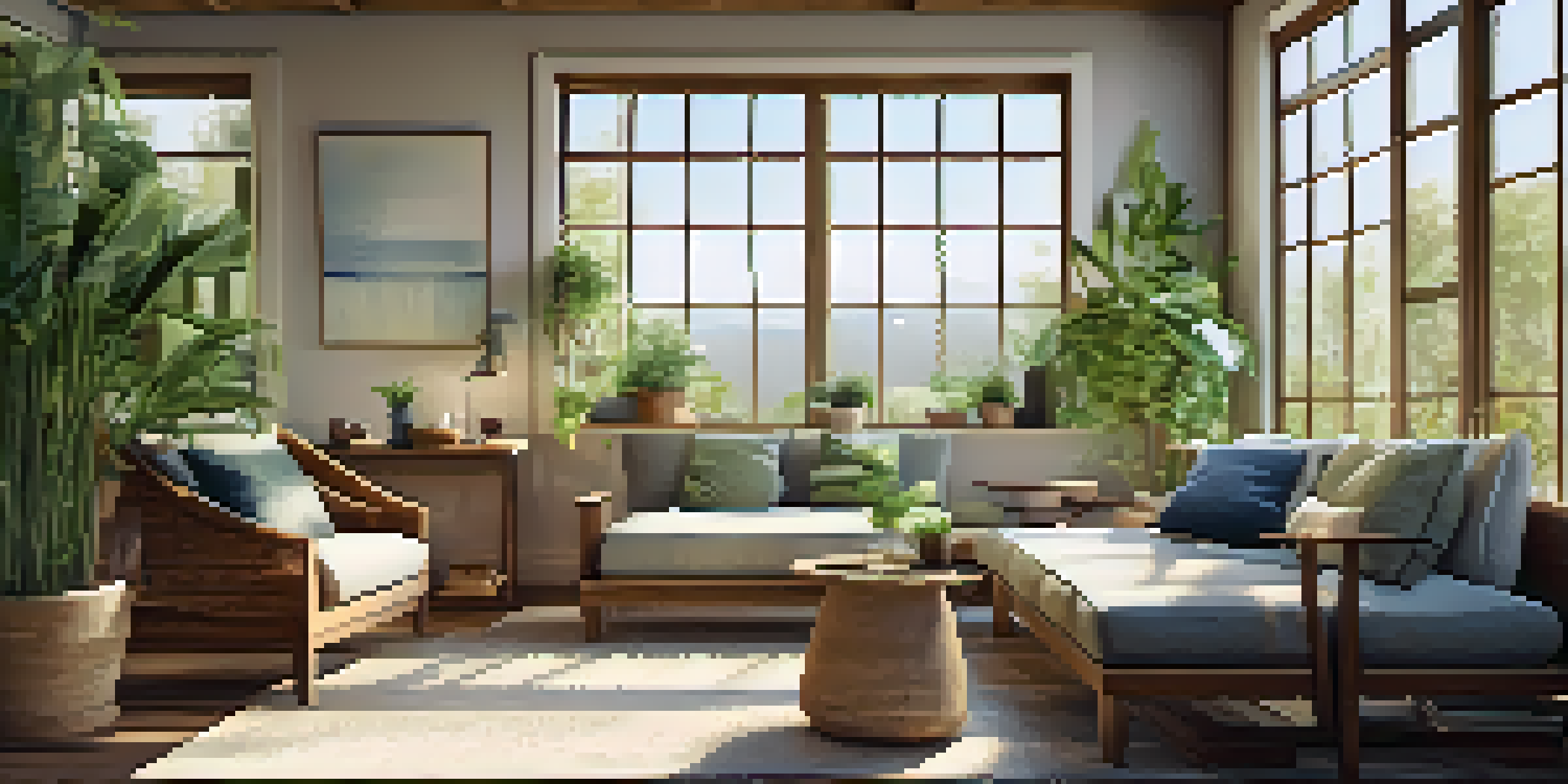 A cozy living room with reclaimed wood furniture, bamboo flooring, and natural light, showcasing sustainable materials.
