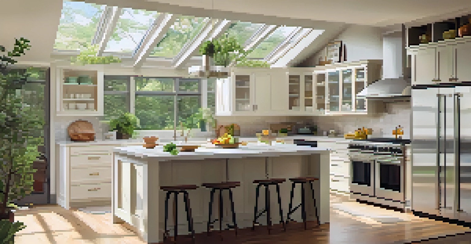 A sunny kitchen illuminated by skylights with modern features and greenery visible through the windows.
