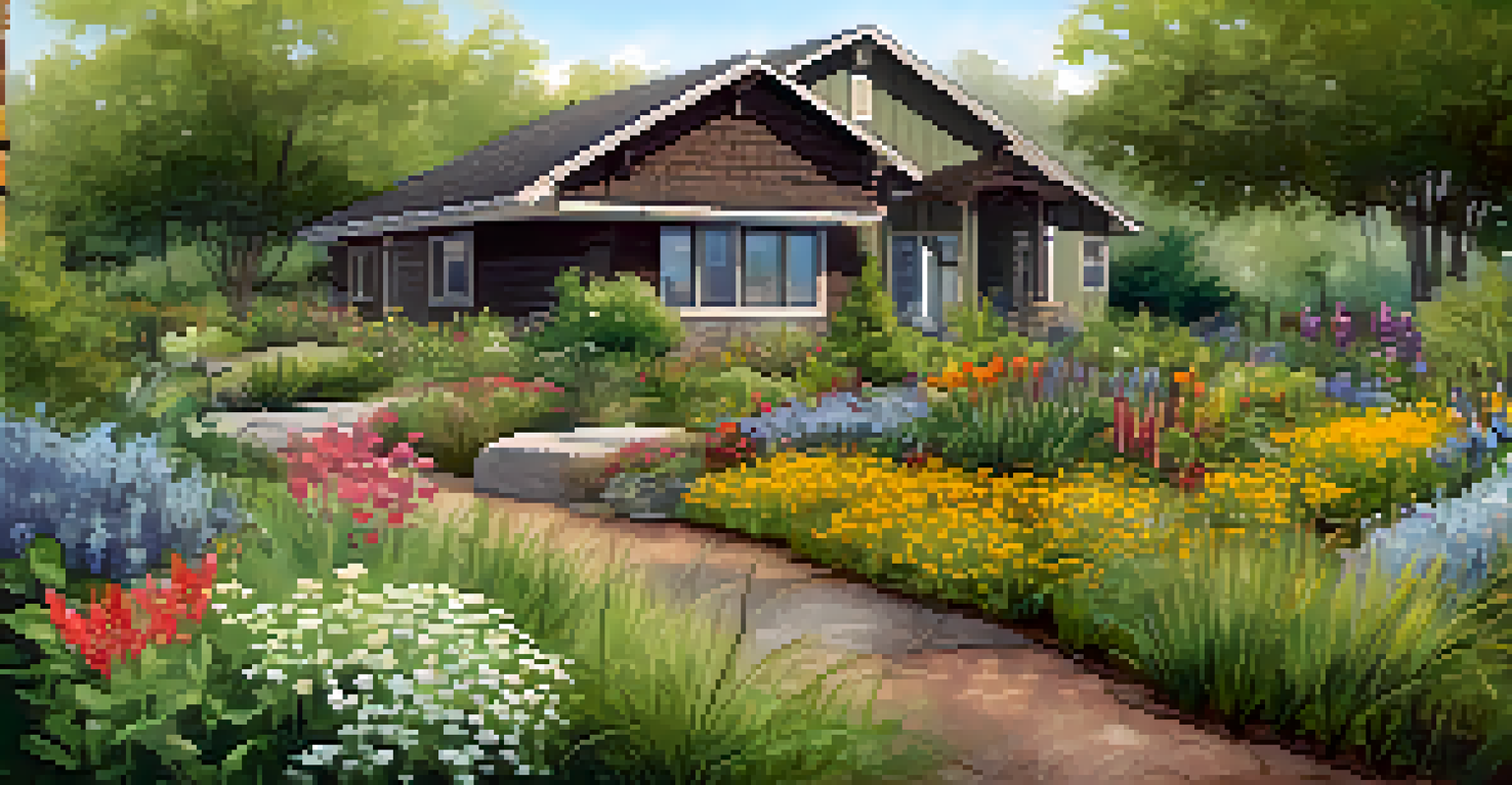 A rain garden with native plants and wildflowers, collecting rainwater and attracting pollinators.