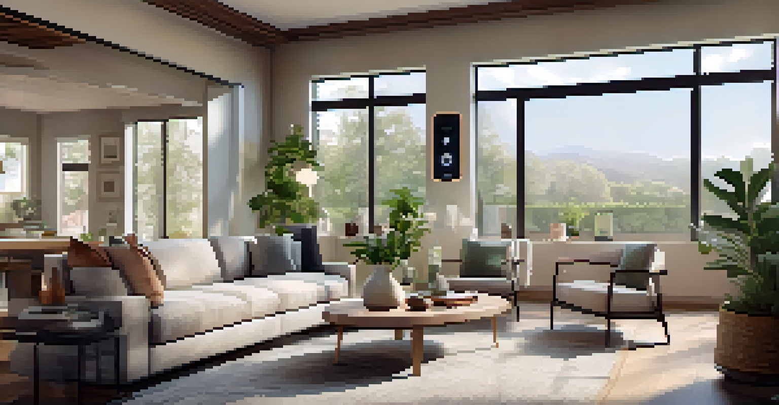 A modern living room with a smart home security system displayed on a tablet.