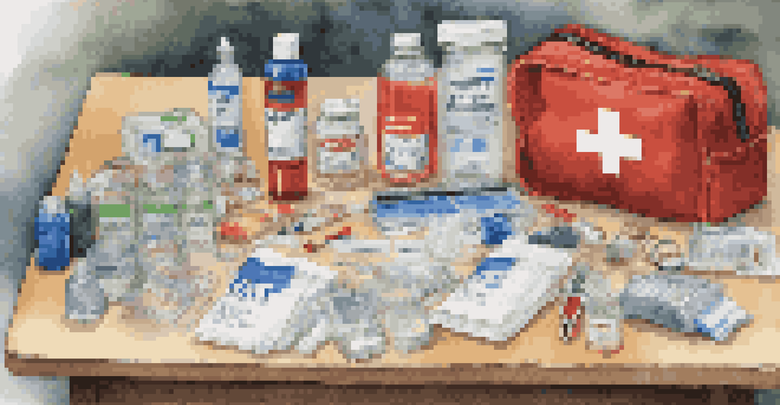 An emergency safety kit with first-aid supplies and flashlights, while a family practices an emergency drill in the background.