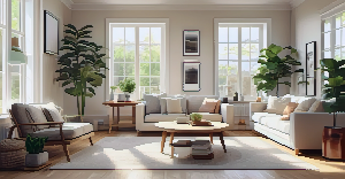 A clean and organized living room filled with natural light, featuring a cozy sofa and a tidy coffee table.