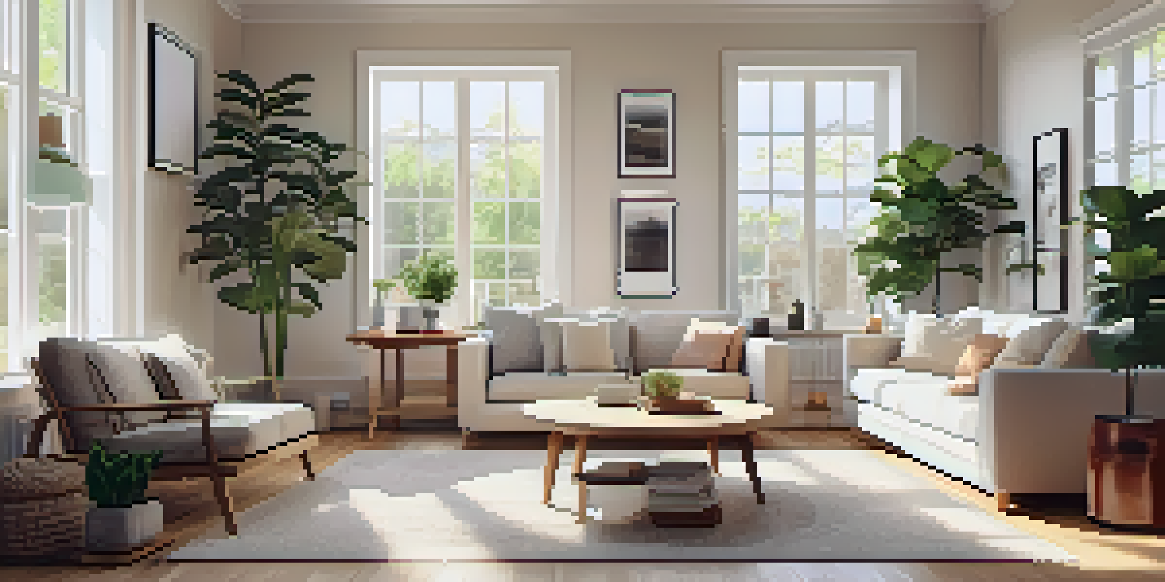 A clean and organized living room filled with natural light, featuring a cozy sofa and a tidy coffee table.