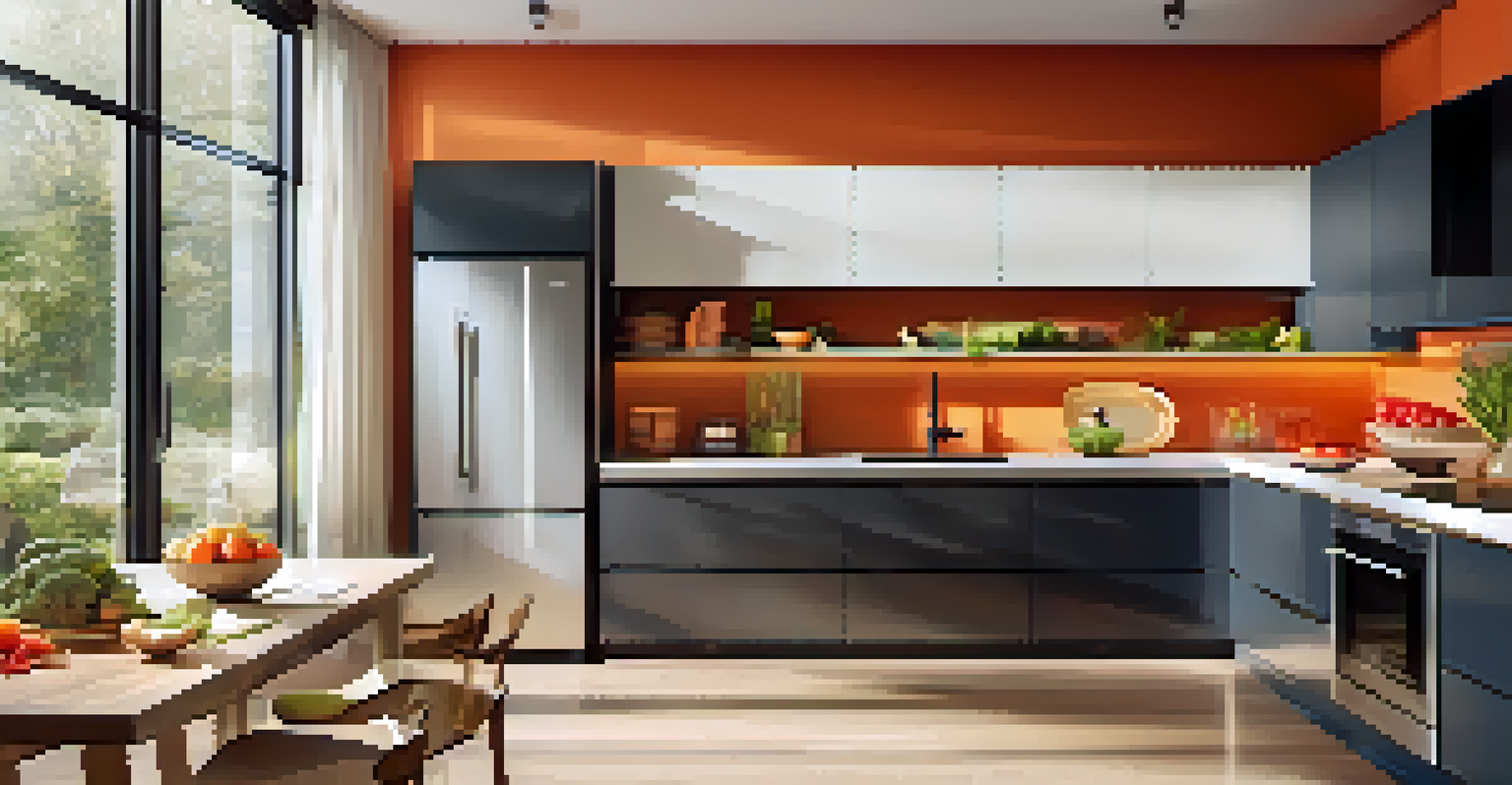 A modern kitchen with energy-efficient appliances, stylish backsplash, and open shelving, bathed in natural light and showcasing vibrant fruits and vegetables.