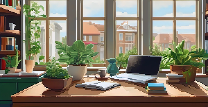 A cozy home office with a wooden desk, laptop, notepad, and coffee cup, illuminated by natural light from a large window, featuring a potted plant and bookshelves.