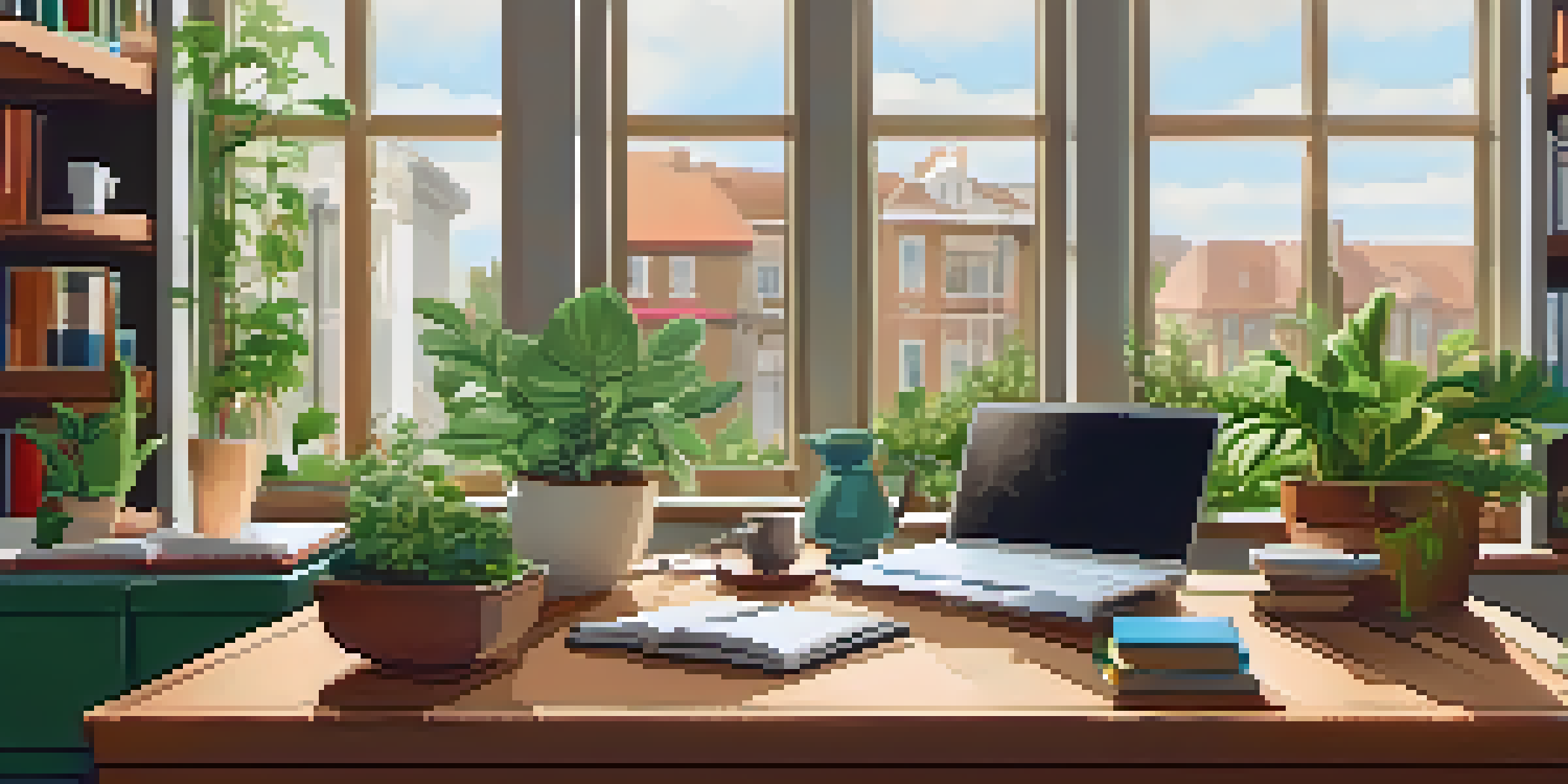 A cozy home office with a wooden desk, laptop, notepad, and coffee cup, illuminated by natural light from a large window, featuring a potted plant and bookshelves.