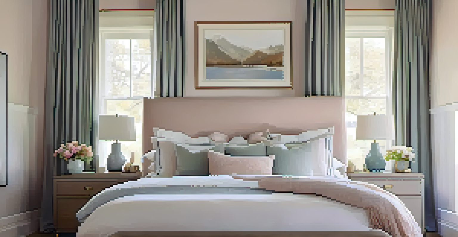 A serene bedroom with a comfortable bed, soft bedding, and a calming atmosphere created by pastel colors and sheer curtains.