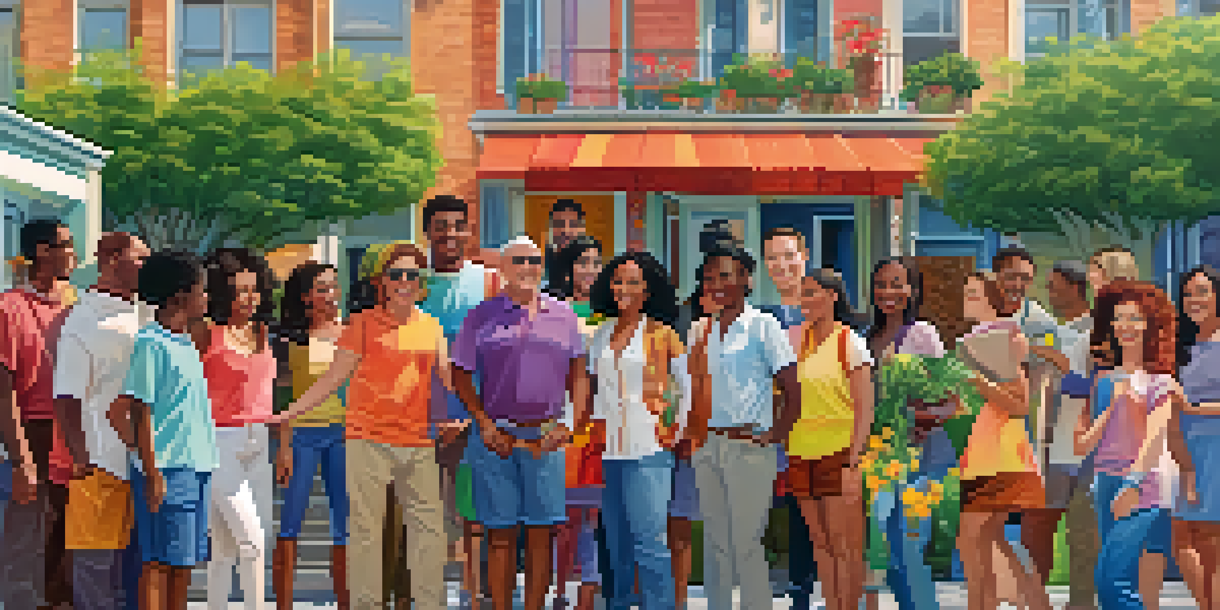 A diverse group of people smiling in front of an apartment building, illustrating community and inclusivity.