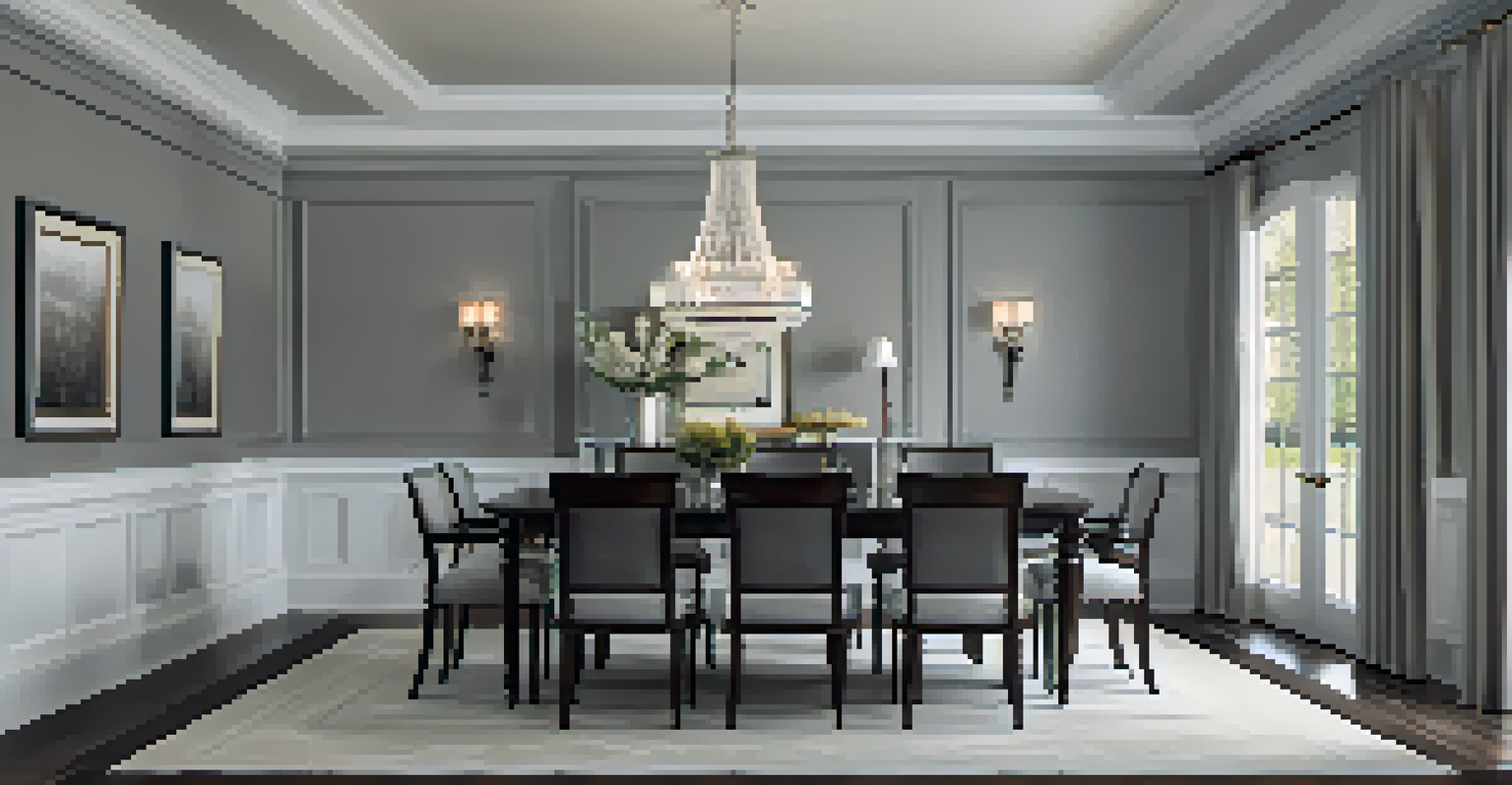 A dining room with gray wainscoting and a dark wood dining table, illuminated by a chandelier.