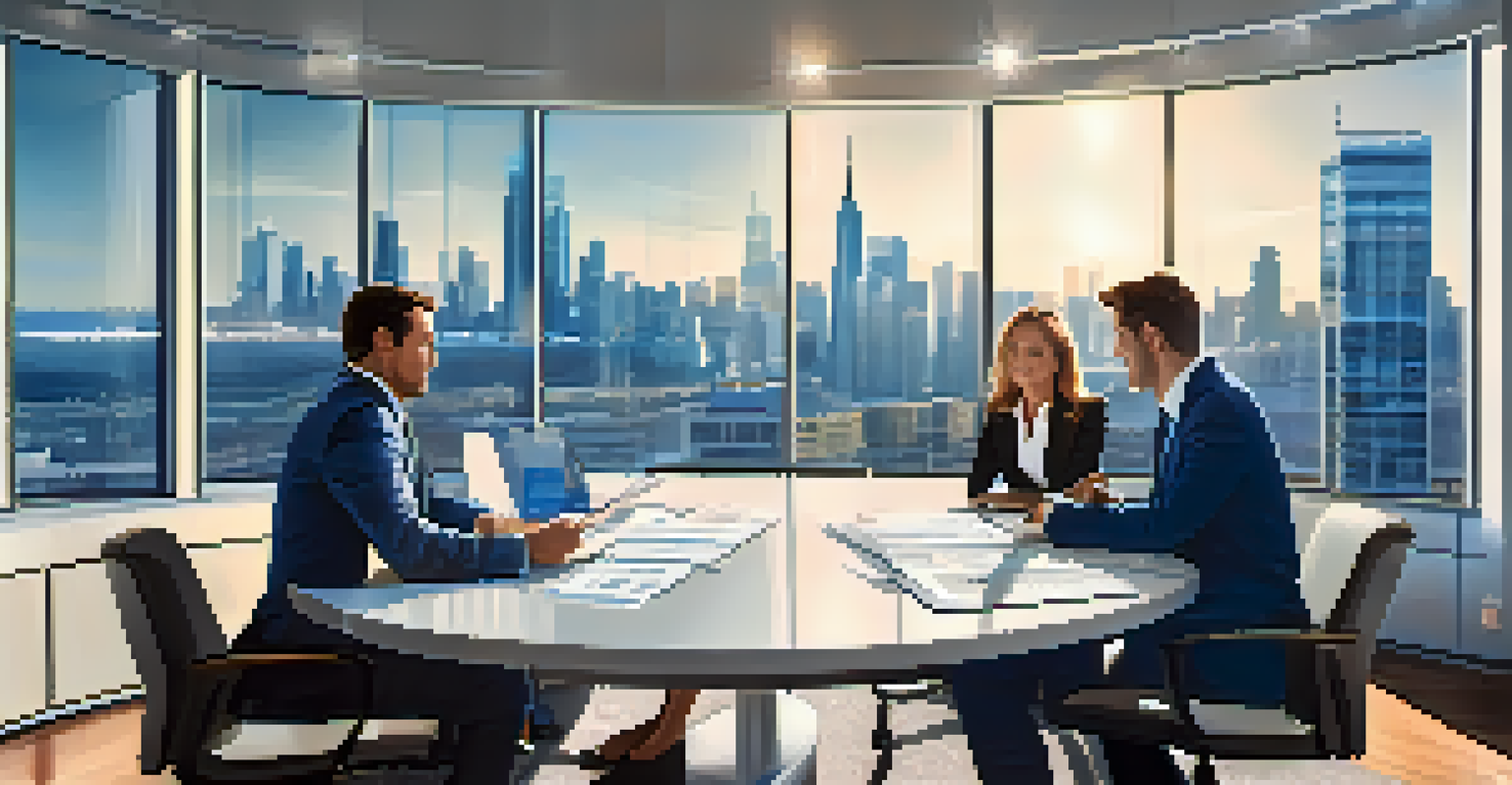 A couple discussing a real estate business plan at a conference table with city skyline in the background.
