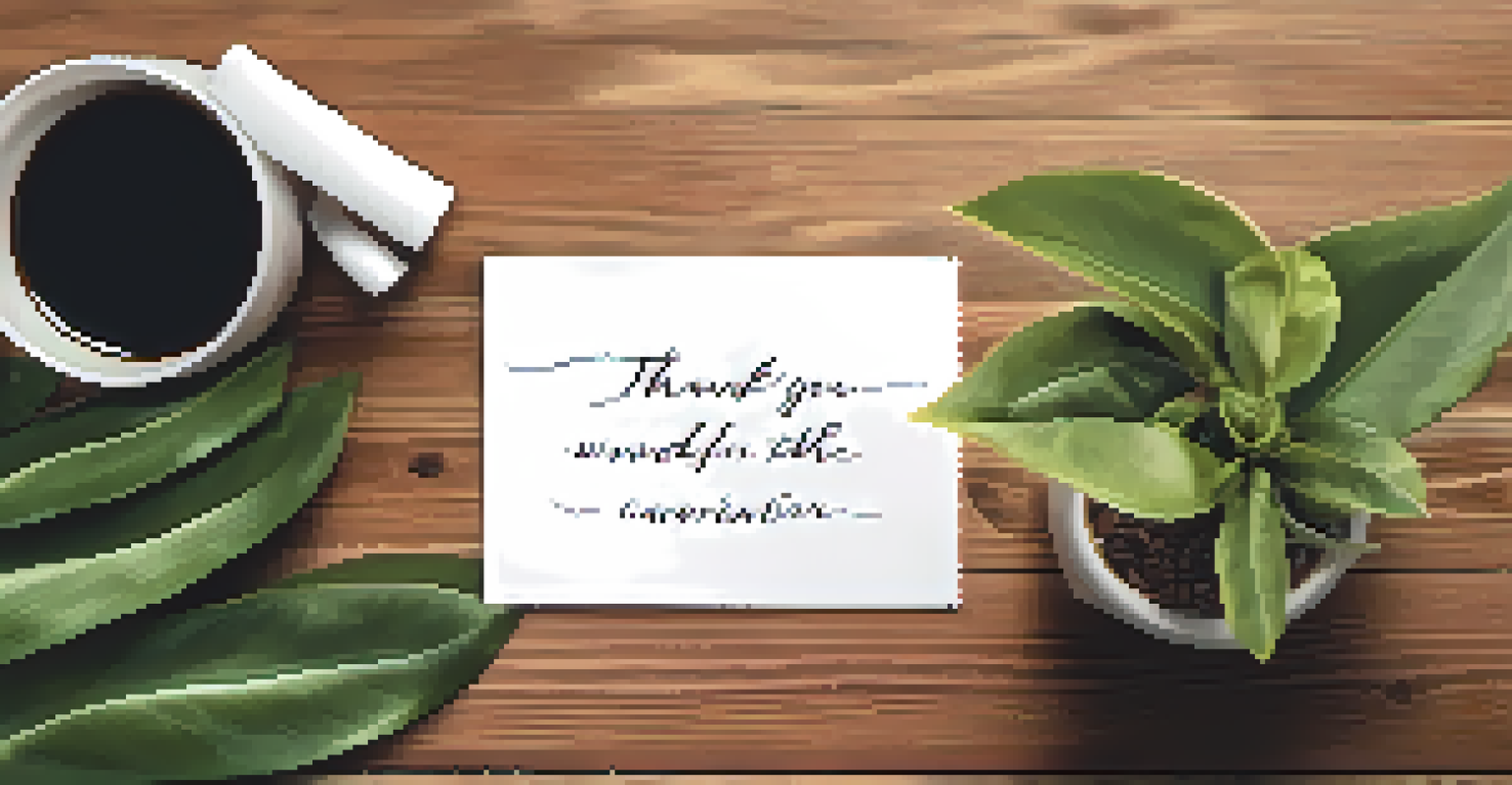A close-up of a thank-you note on a wooden desk with a coffee cup and a potted plant, emphasizing gratitude.