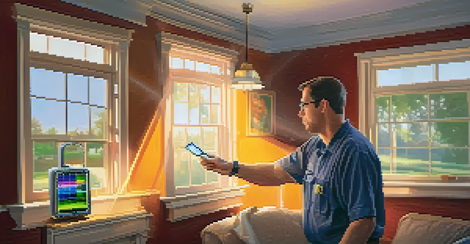 A home inspector using thermal imaging tools in a bright living room to assess energy efficiency.