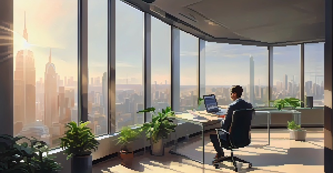 A person working at a desk in an office with a city view, analyzing financial reports under natural light.