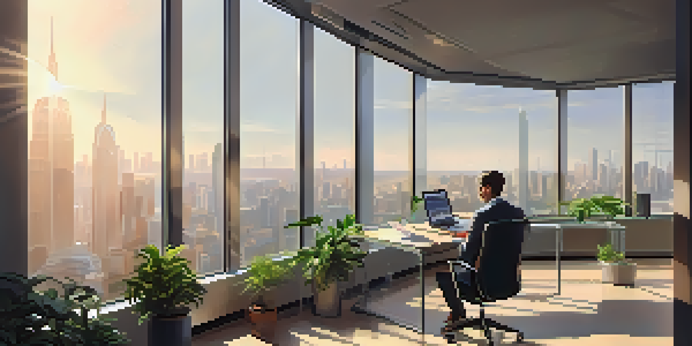 A person working at a desk in an office with a city view, analyzing financial reports under natural light.
