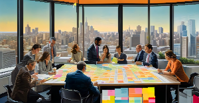 A busy real estate office with agents collaborating on a city map, showcasing the skyline outside.