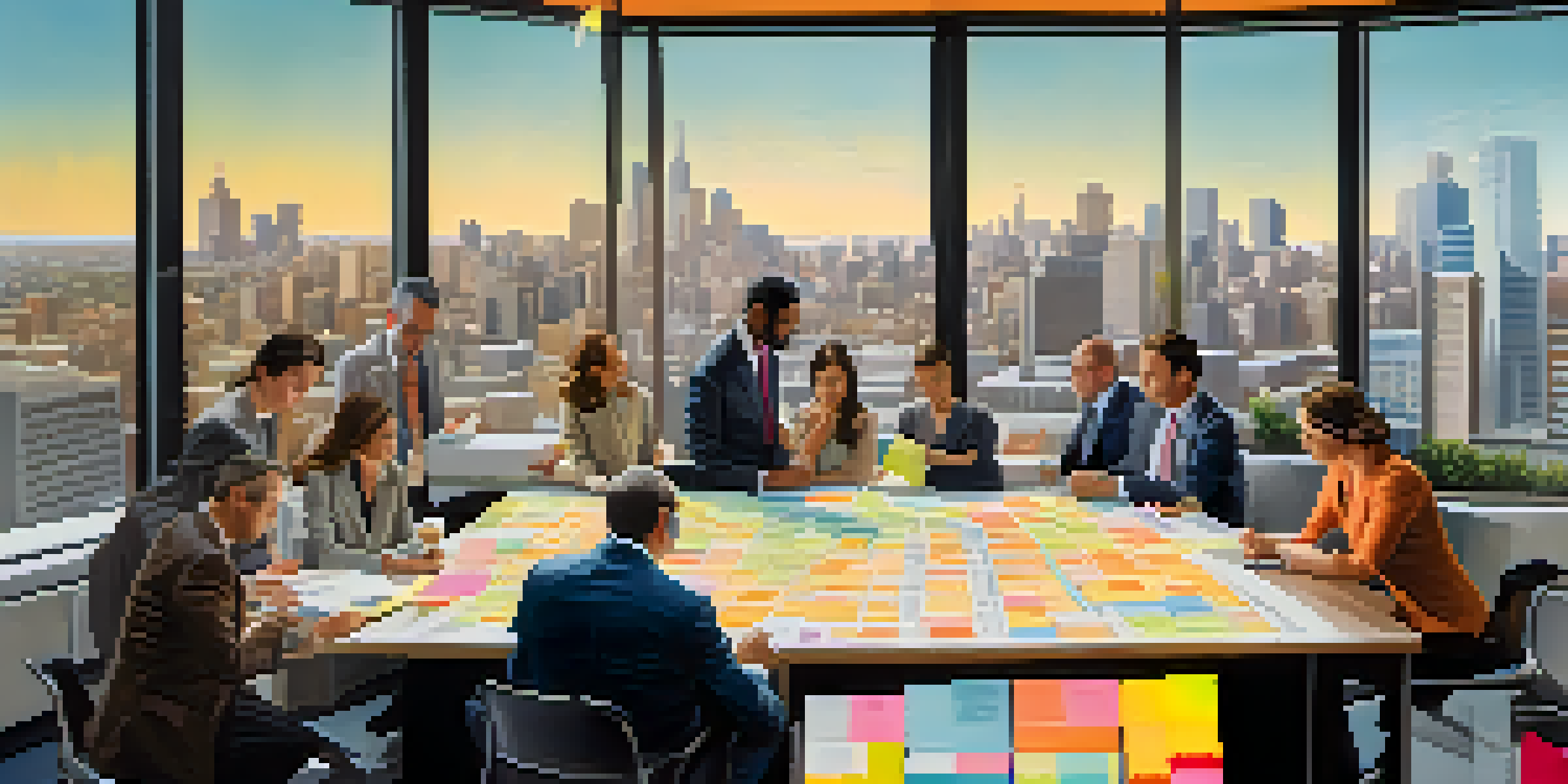 A busy real estate office with agents collaborating on a city map, showcasing the skyline outside.