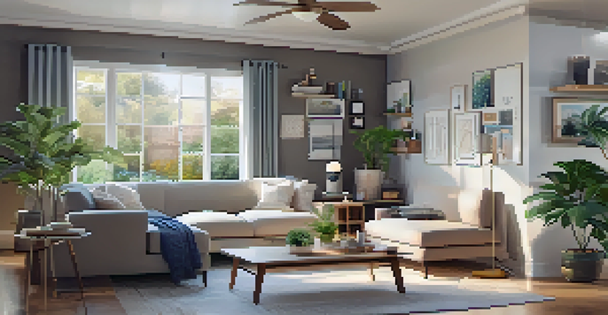 A cozy living room with smart home devices, featuring a voice-activated assistant and smart thermostat, surrounded by comfortable furniture and plants, illuminated by soft natural light.