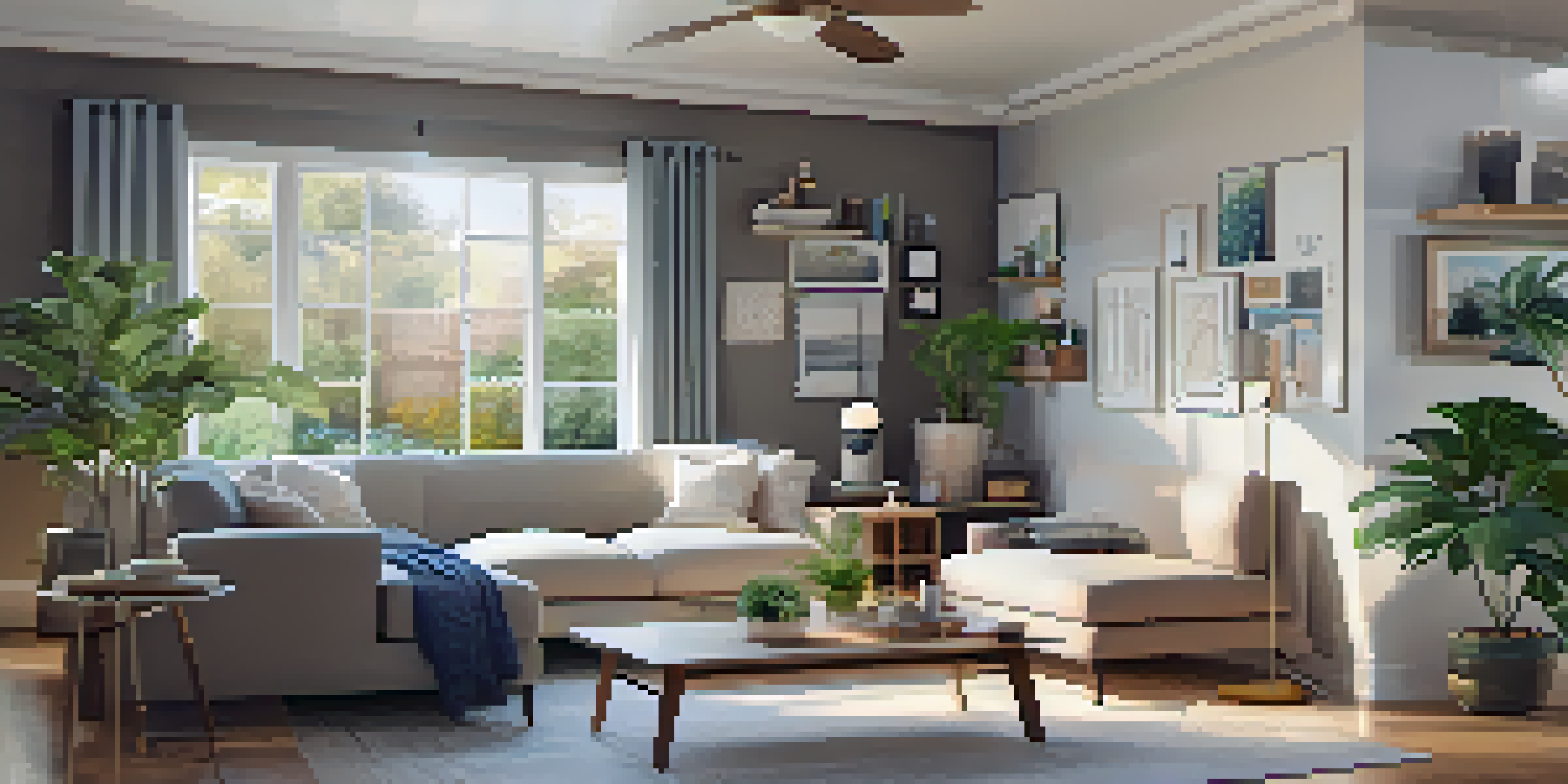 A cozy living room with smart home devices, featuring a voice-activated assistant and smart thermostat, surrounded by comfortable furniture and plants, illuminated by soft natural light.