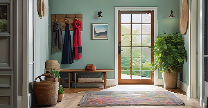 A cozy entryway with a wooden coat rack displaying scarves and hats, surrounded by potted plants and bathed in soft natural light.