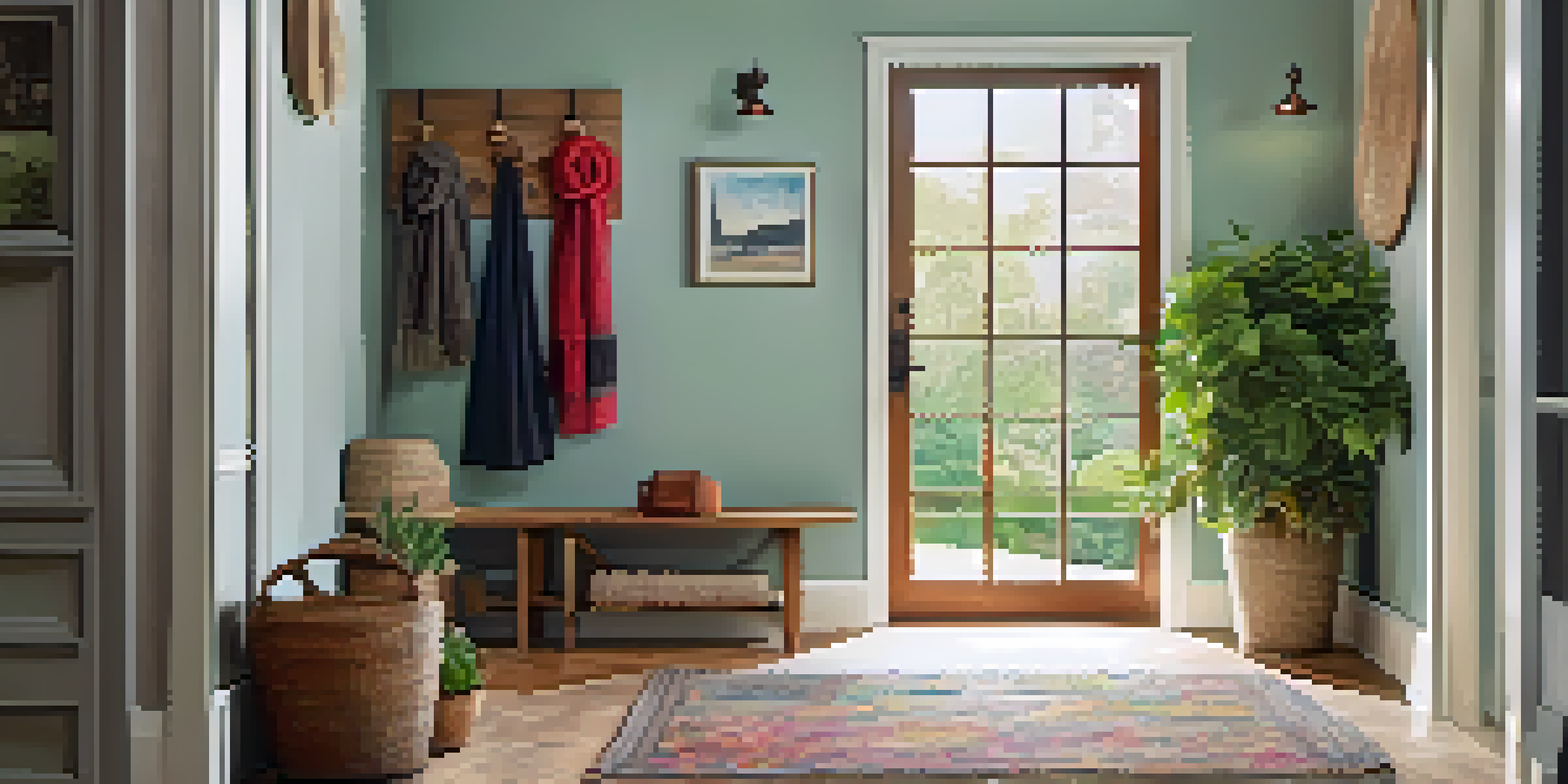 A cozy entryway with a wooden coat rack displaying scarves and hats, surrounded by potted plants and bathed in soft natural light.