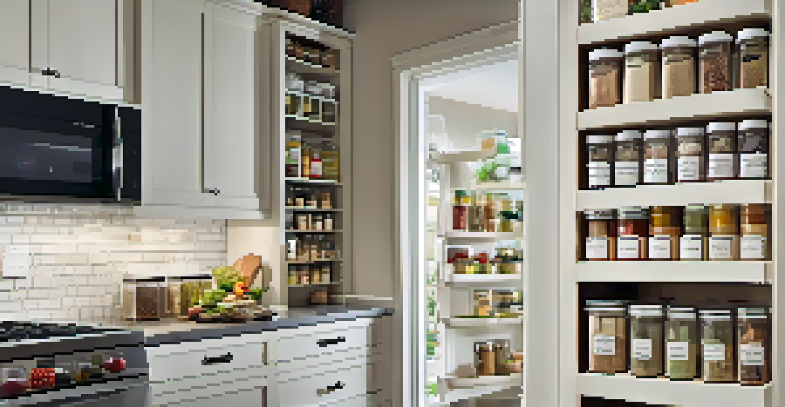 An organized small kitchen with tiered spice racks and clear containers, featuring light-colored cabinets and under-cabinet lighting.