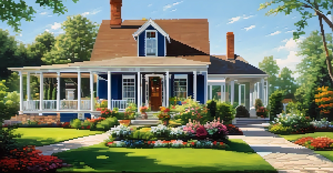 A charming house with a beautiful garden and a clear blue sky.