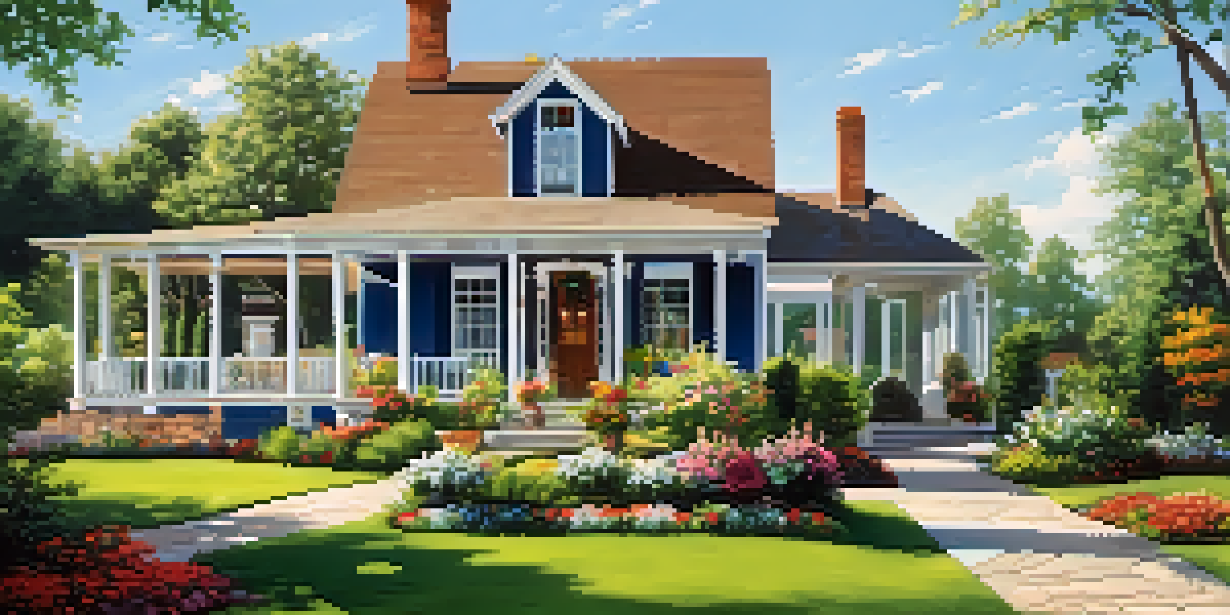 A charming house with a beautiful garden and a clear blue sky.