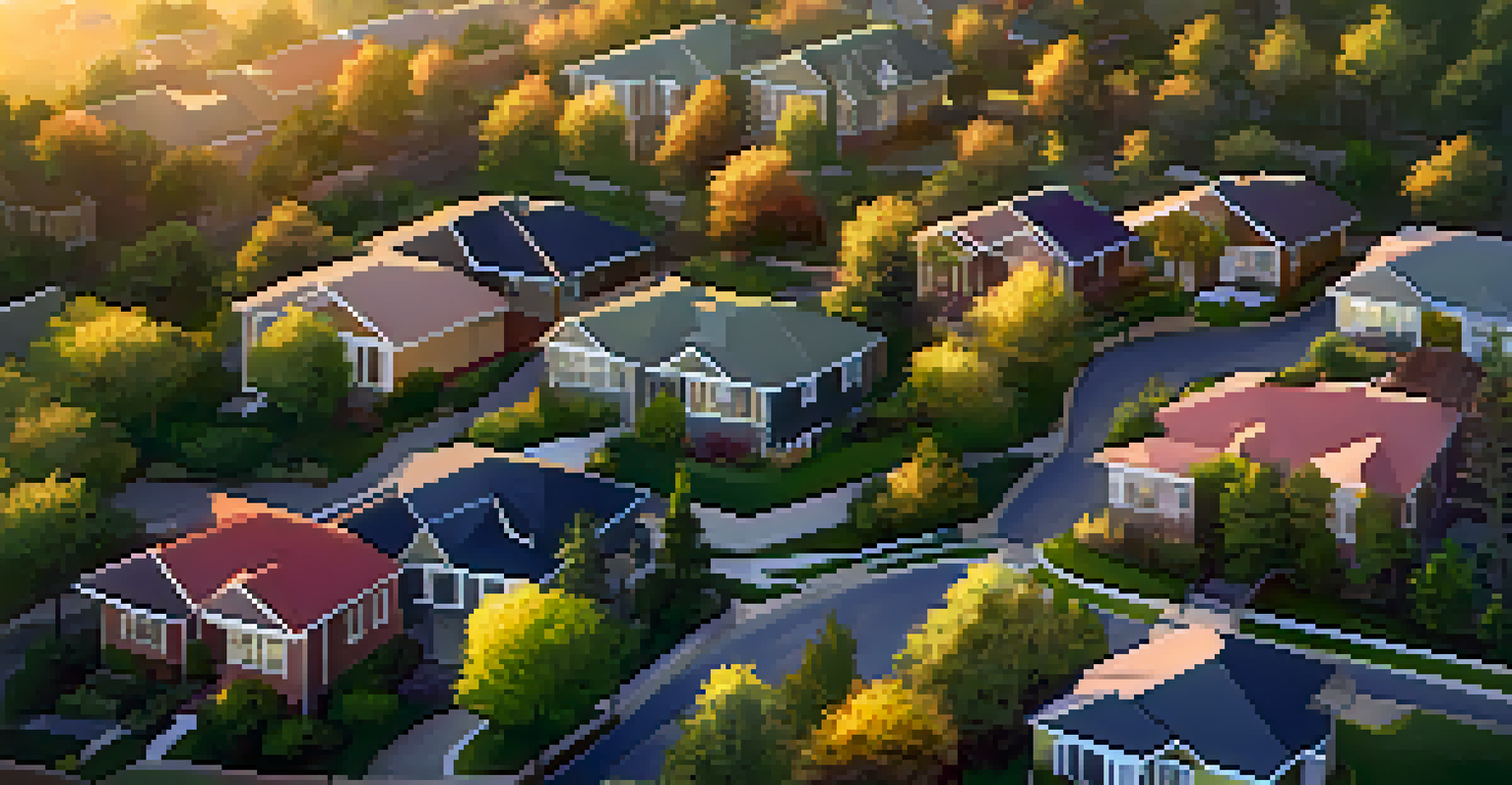 Aerial view of a neighborhood with homes that have diverse green roofs, illuminated by the warm glow of the sunset.