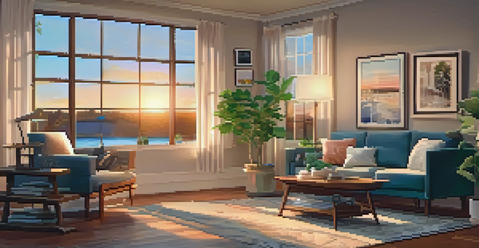A warm and inviting living room with a couch, coffee table, and sunset visible through a window.