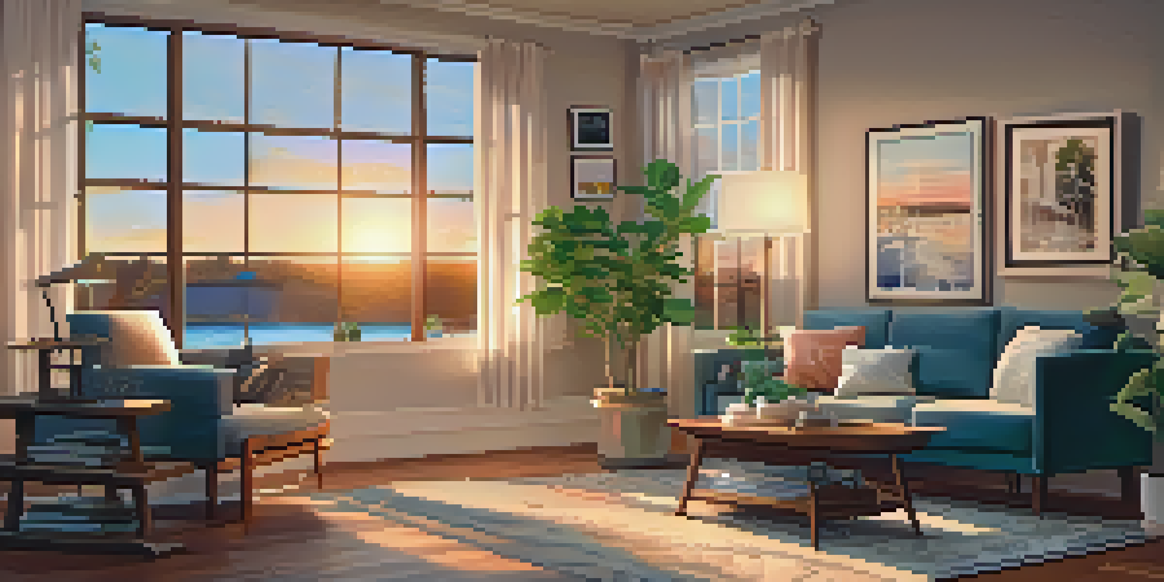 A warm and inviting living room with a couch, coffee table, and sunset visible through a window.