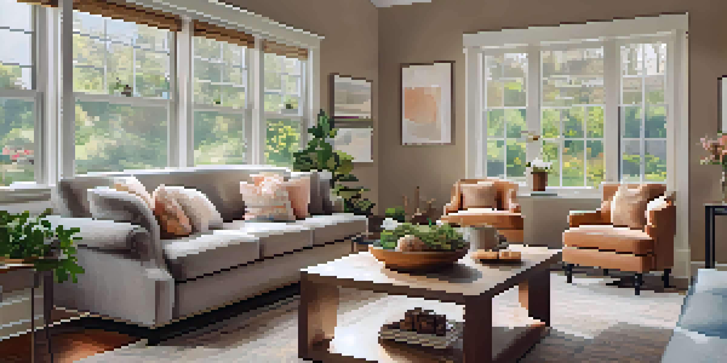 A warm and inviting living room setup for an open house, with fresh flowers, soft lighting, and a plate of cookies.