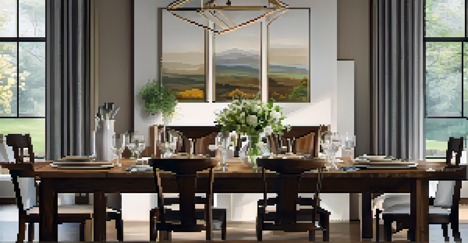 A beautifully arranged dining room with a rustic table and soft ambient lighting.