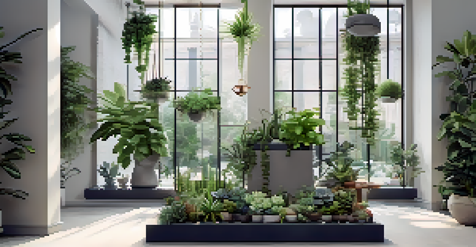 A serene indoor garden with hanging planters of succulents, light gray walls, and mirrors reflecting natural light.