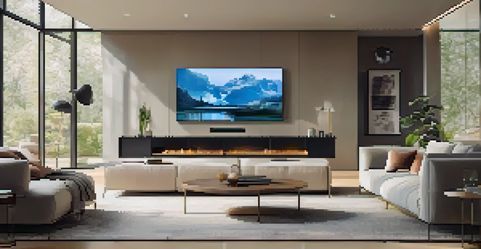 A contemporary living room showcasing various smart home automation devices like a thermostat and voice assistant, with natural light illuminating the space.