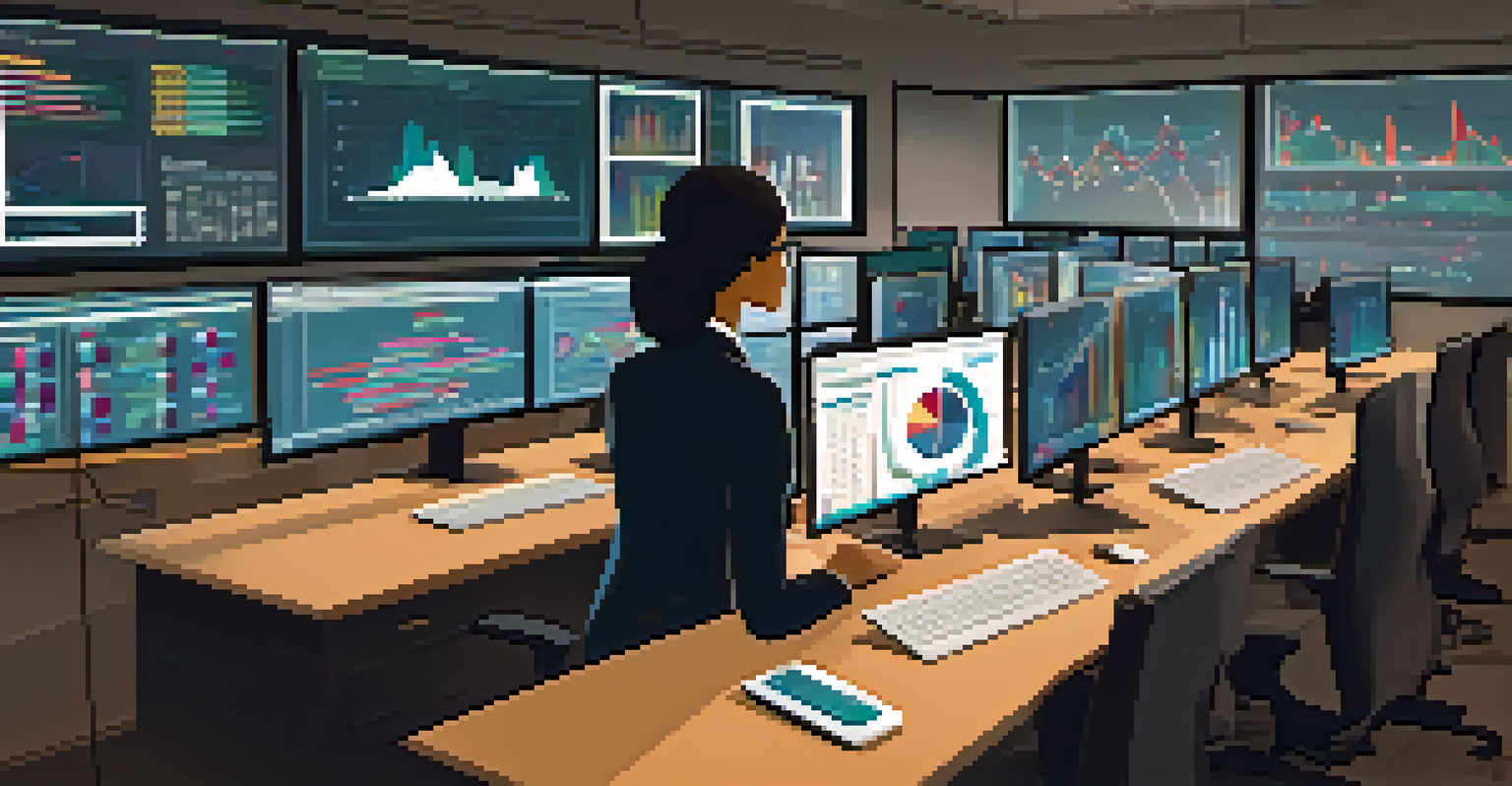A focused data analyst in a property management office, surrounded by multiple screens displaying graphs and analytics, emphasizing the importance of data-driven decisions.