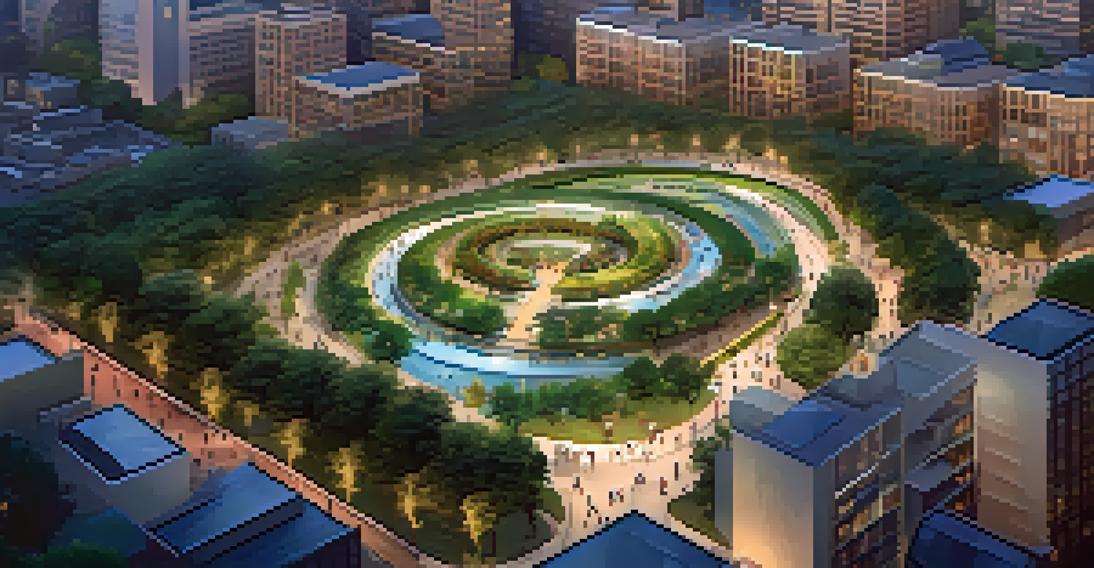 An aerial view of a smart park in a city, featuring pathways, kiosks, and green spaces, with city buildings in the background under evening lights.