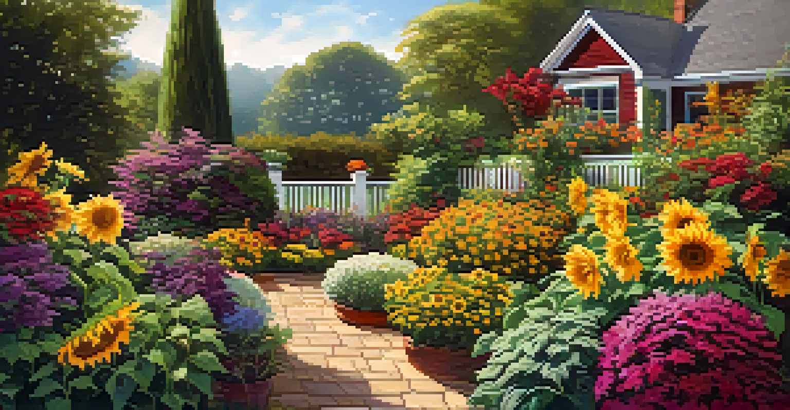 A summer garden full of tall sunflowers and dahlias, with colorful foliage and butterflies in bright sunlight.