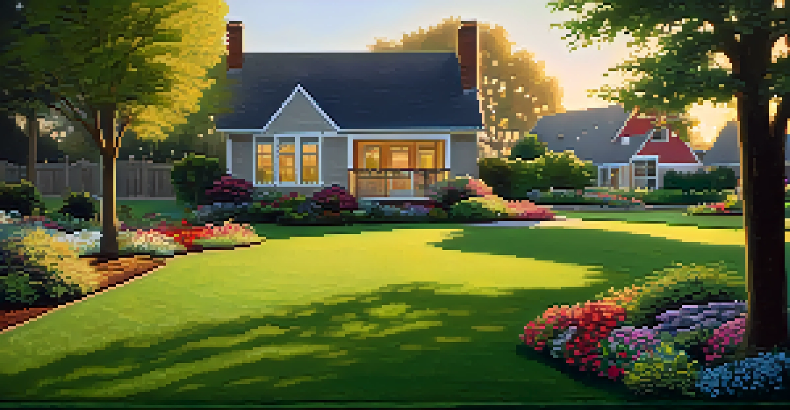 A serene backyard with freshly mowed grass, colorful flower beds, and trees under a warm golden sunset light.