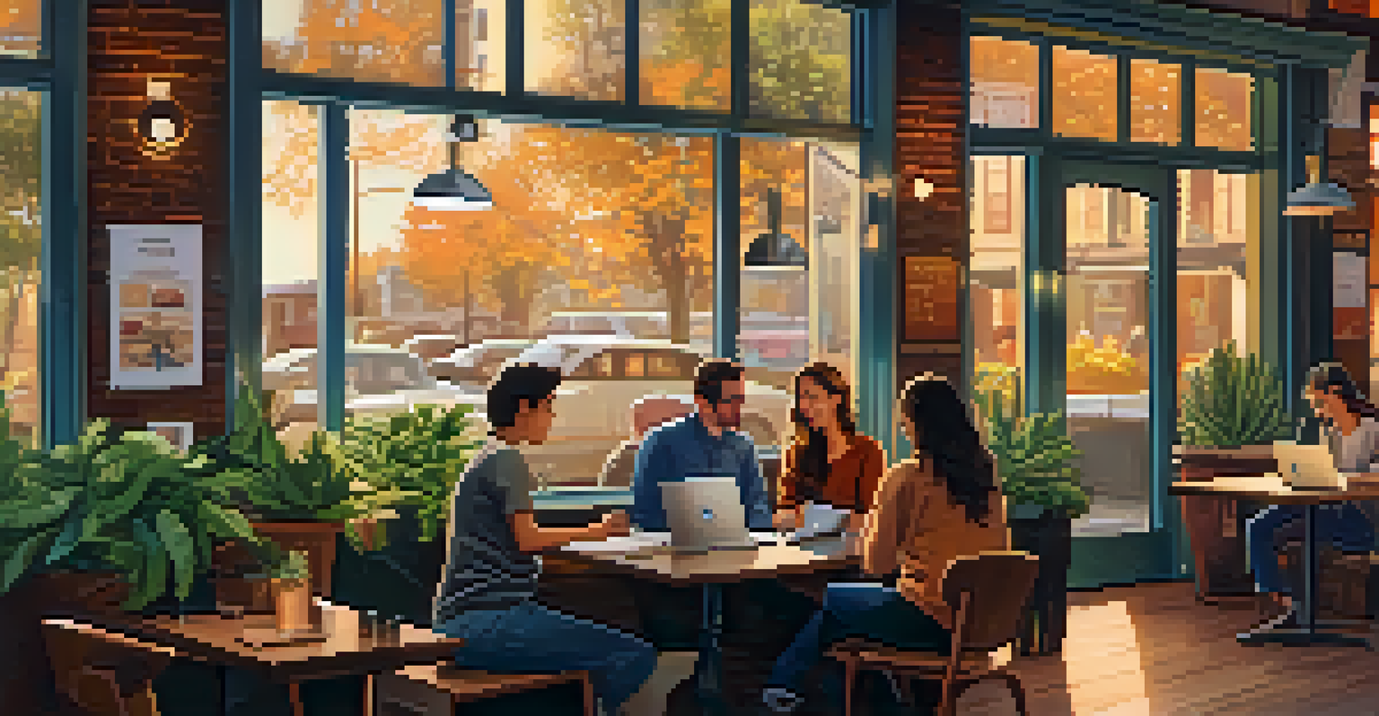 A cozy coffee shop with remote workers engaged in their tasks, surrounded by plants and artwork.